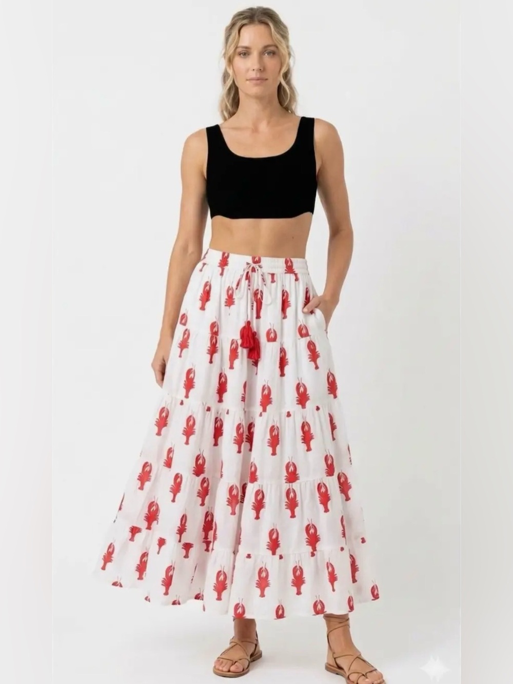 Boho White Lobster Maxi Skirt with Tassel Drawstring